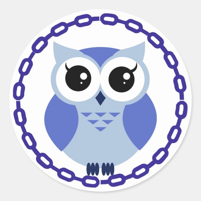 Blue cartoon owl inside blue ring classic round sticker (Front)