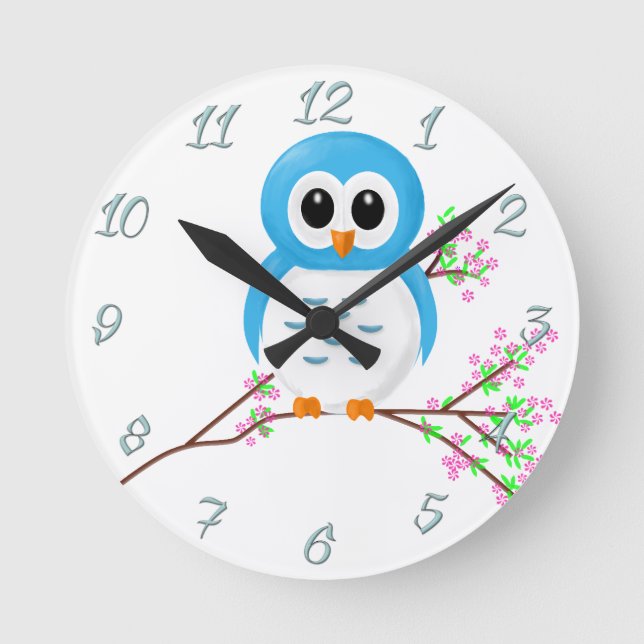 Blue Cartoon Owl on a Branch Round Clock (Front)