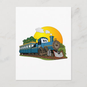Blue Cartoon Passenger Steam Engine Postcard