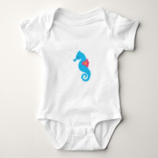 Blue Cartoon Seahorse Baby Bodysuit (Front)