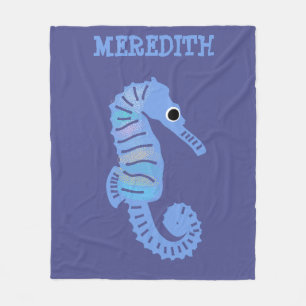 Blue Cartoon Seahorse Cute Personalized Fleece Blanket