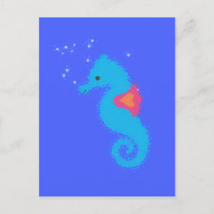 Blue Cartoon Seahorse Postcard