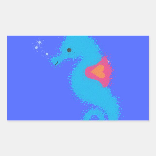 Blue Cartoon Seahorse Rectangular Sticker (Front)