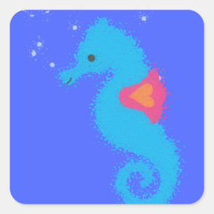 Blue Cartoon Seahorse Square Sticker