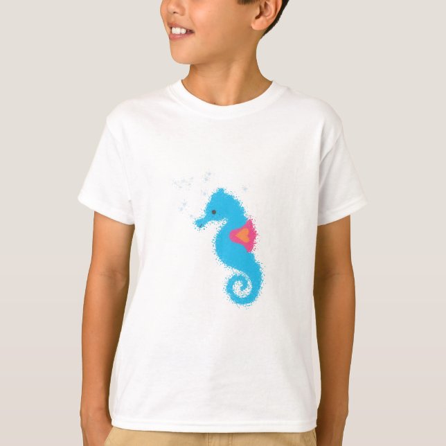 Blue Cartoon Seahorse T-Shirt (Front)