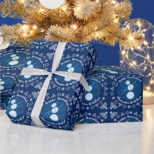 Blue Cartoon Snowman Holiday Happy Hanukkah Wrapping Paper