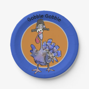 Blue Cartoon Turkey Gobble Paper Plate