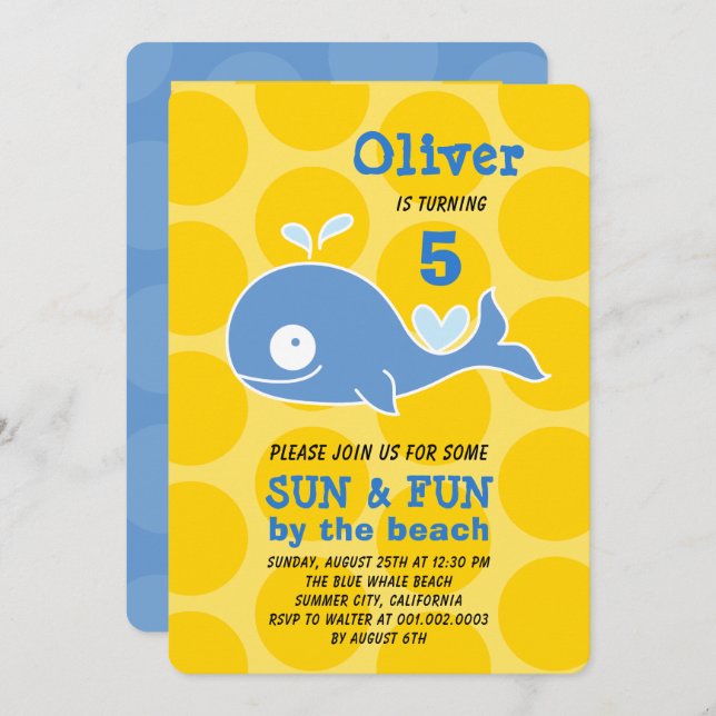 Blue Cartoon Whale Beach Party Photo Boy Birthday Invitation (Front/Back)