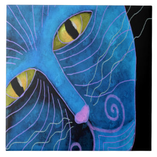 Blue Cat Face Abstract Painting Ceramic Tile