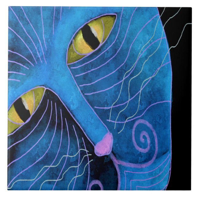 Blue Cat Face Abstract Painting Ceramic Tile (Front)