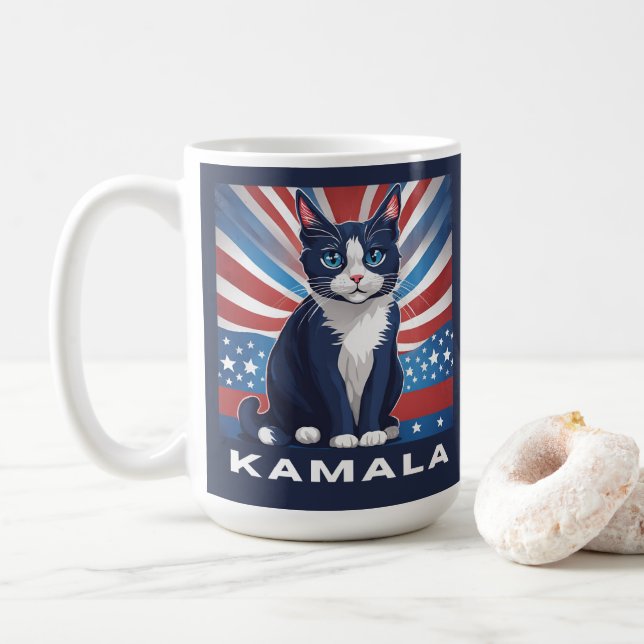Blue Cat for Kamala 2024 US Election Democrat Coffee Mug (With Donut)