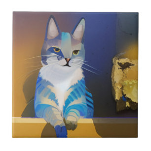 Blue cat golden sunshine illustration ceramic tile