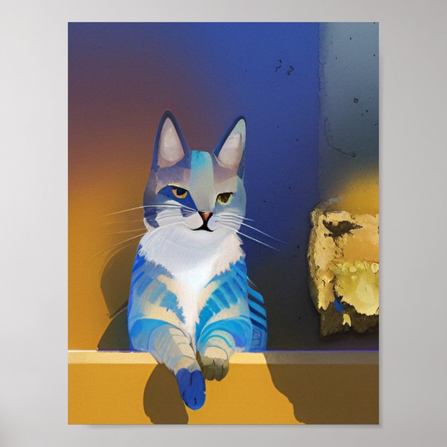 Blue cat golden sunshine illustration poster (Front)