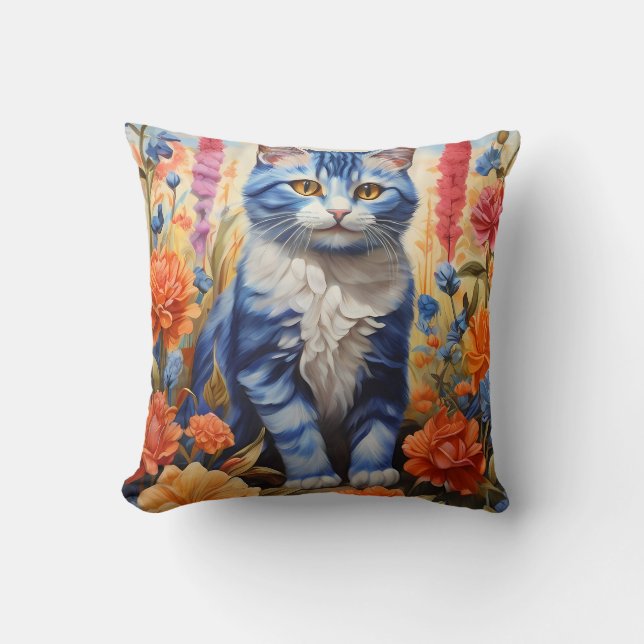 Blue Cat in a flower garden Cushion (Front)