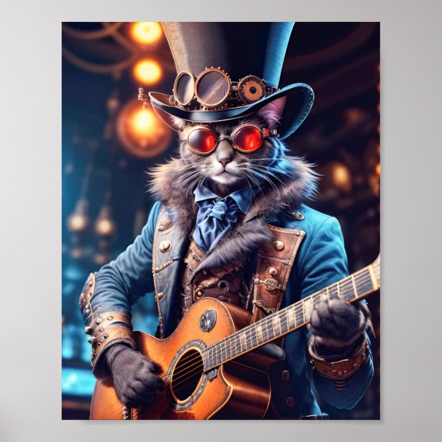Blue cat in steampunk dress playing guitar in pub  poster (Front)