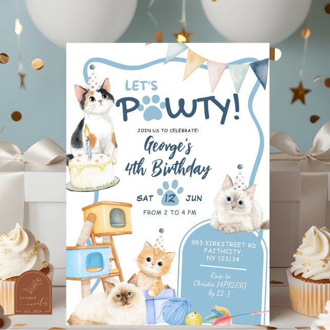 Blue Cat let's Pawty Boy Birthday Invitation (Creator Uploaded)