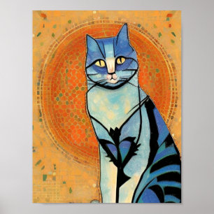 Blue cat moroccan mosaic abstract art golden sun poster