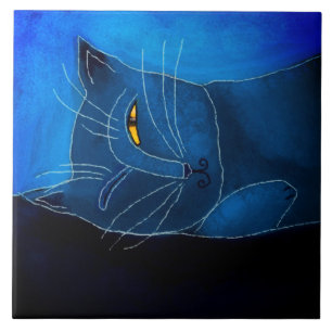 Blue Cat Napping Abstract Digital Painting Ceramic Tile