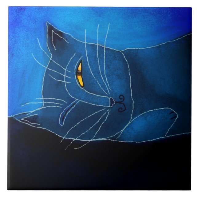 Blue Cat Napping Abstract Digital Painting Ceramic Tile (Front)