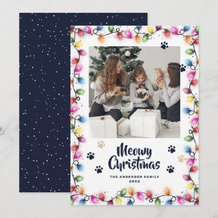 Blue Cat Paws Christmas Lights Photo Meowy Holiday Card