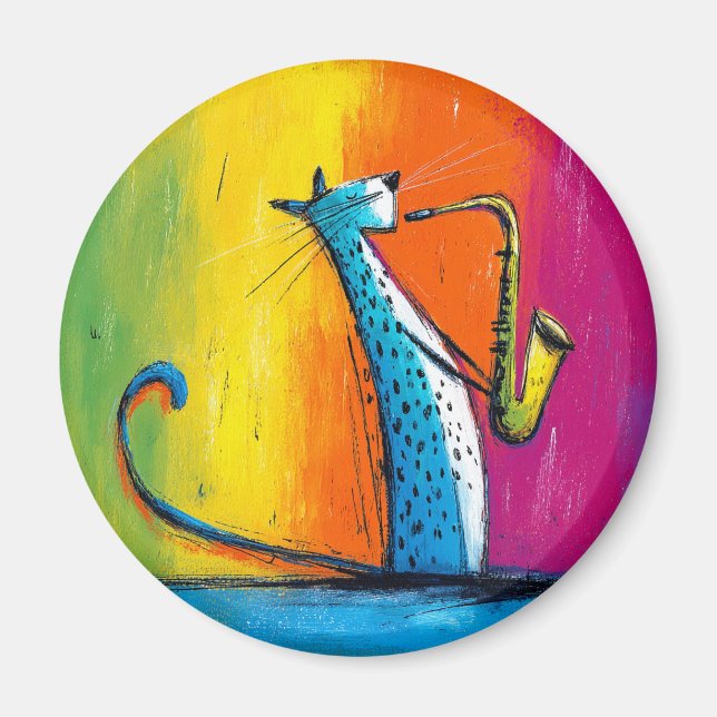 Blue Cat Playing a Saxophone Magnet (Front)
