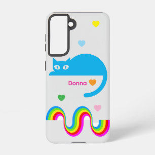 Blue Cat Rainbow Hearts Galaxy Case – Gray