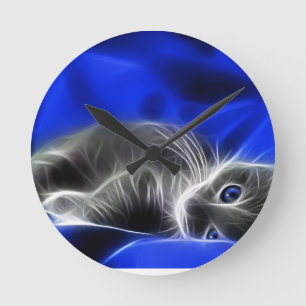 blue cat round clock