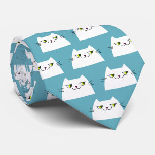 Blue Cat Tie Funny White Cat Pattern Cute