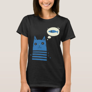 Blue Cat with Fish on the Mind T-Shirt