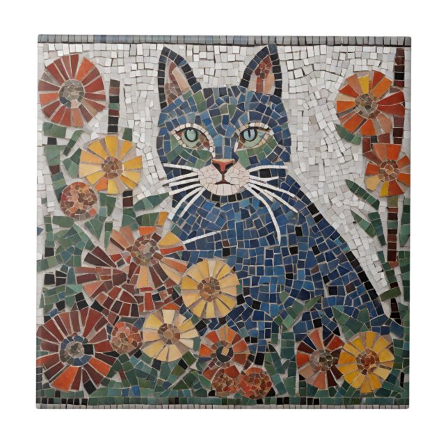 Blue Cat with Flowers Tiled Mosaic  Ceramic Tile (Front)