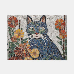 Blue Cat with Flowers Tiled Mosaic Doormat