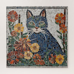Blue Cat with Flowers Tiled Mosaic  Jigsaw Puzzle
