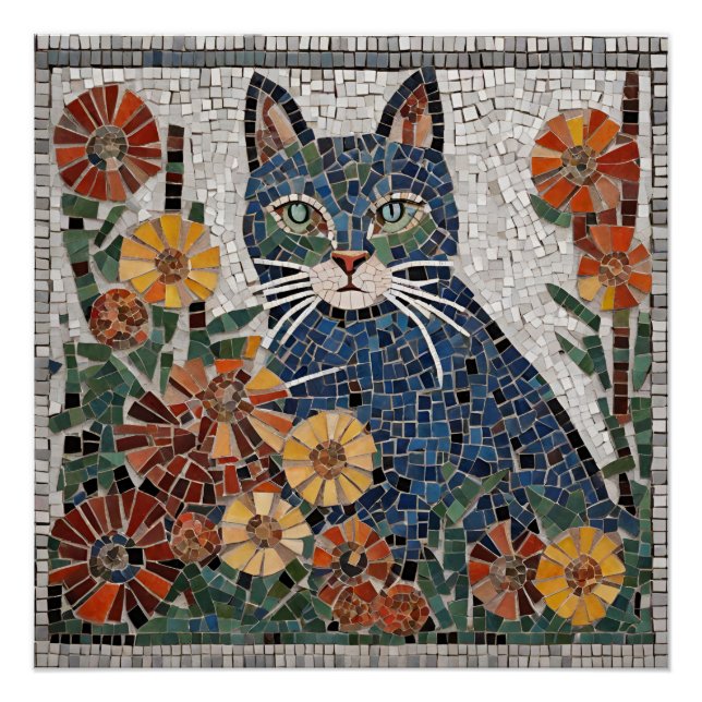 Blue Cat with Flowers Tiled Mosaic  Poster (Front)