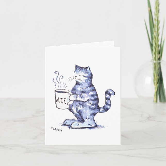 Blue cat with WTF cup Card (Front)