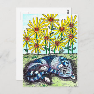 Blue Cat & Yellow Flowers Postcard