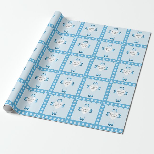 Blue Catholic Baptism Wrapping Paper for Boys (Unrolled)