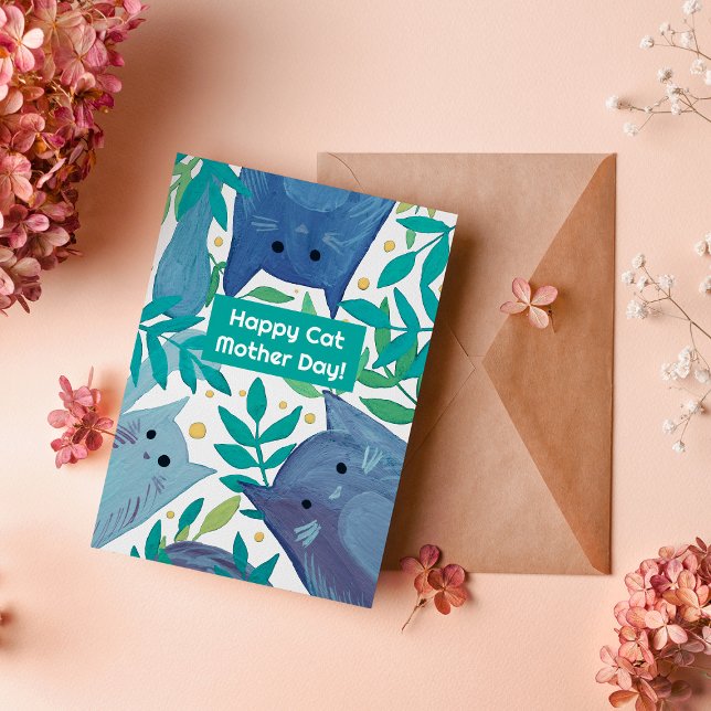 Blue Cats & branches Happy cat mothers day Holiday Card (Creator Uploaded)