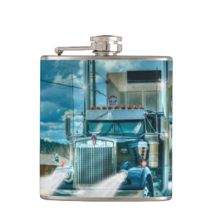 Blue Cattle Truck & Highway for Truck-lovers Hip Flask