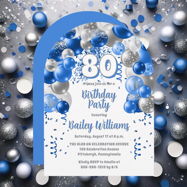 Blue Celebration Balloons 80th Birthday Party Invitation (Blue, Silver Tone and White  Celebration Balloons "80" 80th Birthday Party Invitation - Print | Digi)