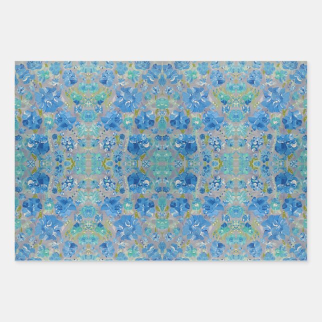 Blue Celebration Floral Wrapping Paper (Front)
