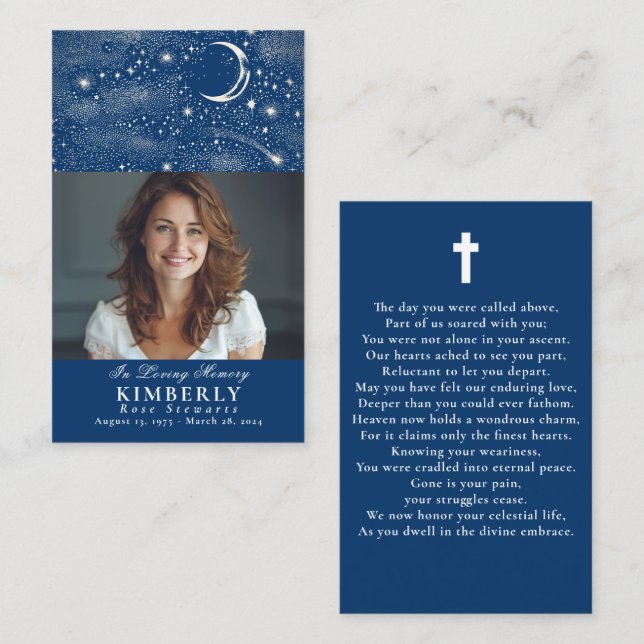 Blue Celestial Funeral Memorial Prayer Photo Card (Front/Back)