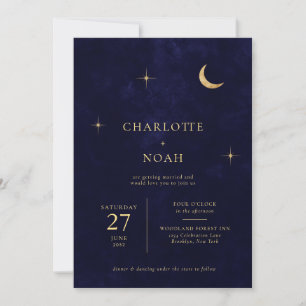 Blue Celestial Gold Moon Stars Photo QR Wedding Invitation