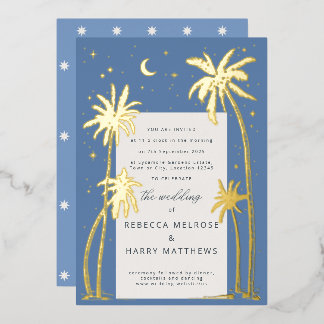 Blue Celestial Palm tree wedding Foil Invitation