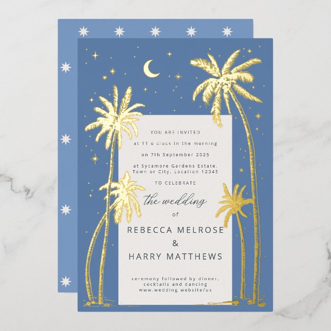 Blue Celestial Palm tree wedding Foil Invitation (Front/Back)