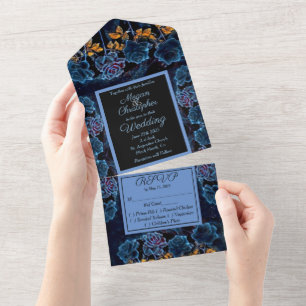 Blue Celestial Rose Wedding All In One Invitation