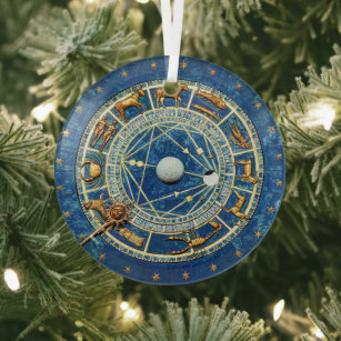 Blue Celestial Zodiac Wheel Astrology Signs Gold Glass Tree Decoration