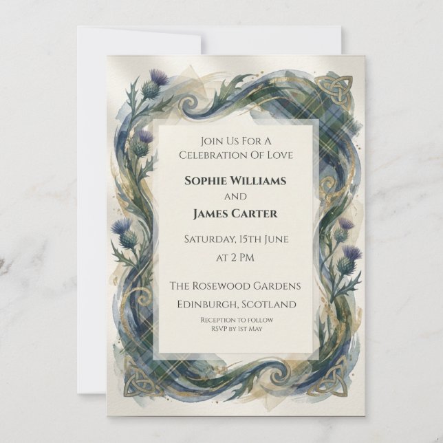 Blue Celtic Thistle Wreath Wedding Invitation (Front)