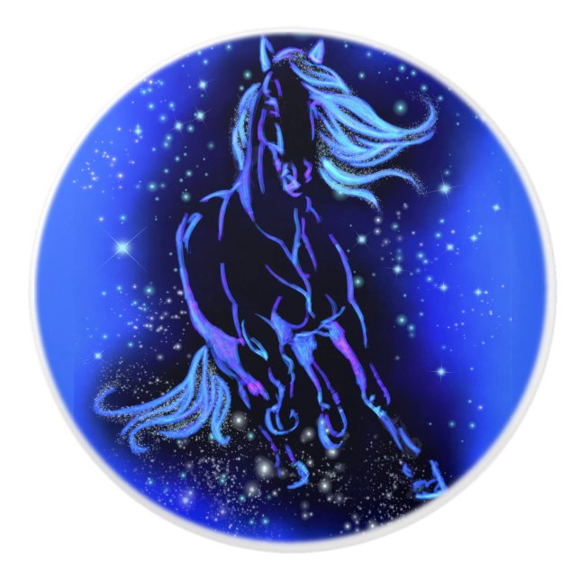 Blue Ceramic Knob Horse Running At Starry Night  (Front)