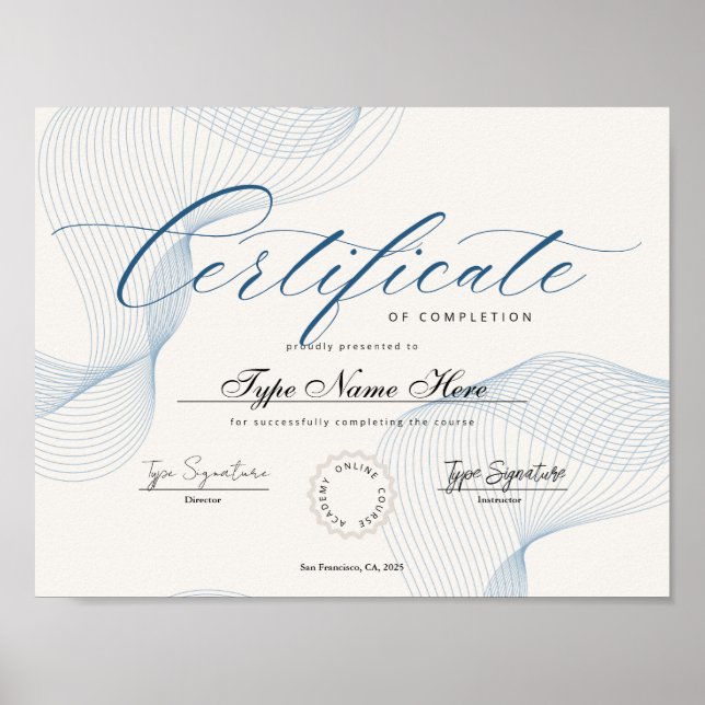 Blue Certificate of completion, achievement, excel Poster (Front)