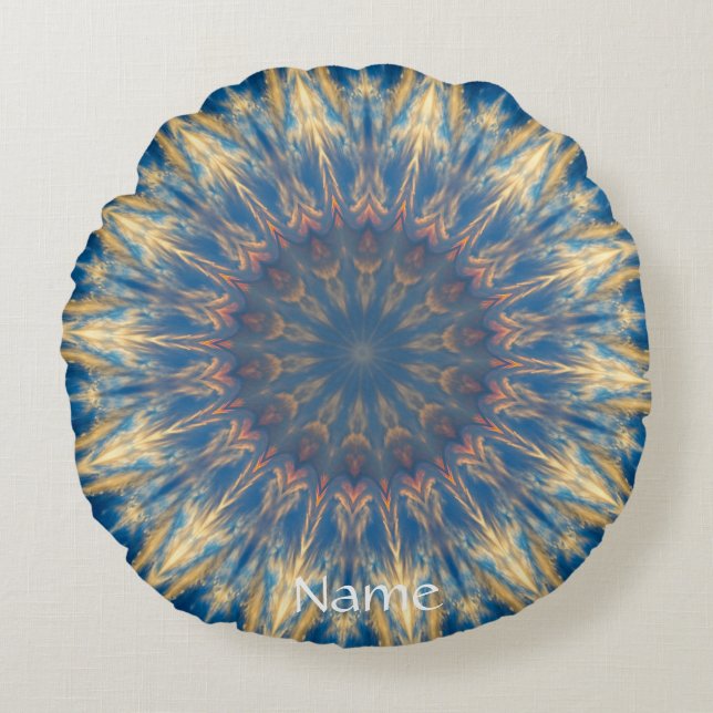 Blue Chakra Kaleidoscope Thunder_Cove Round Cushion (Front)